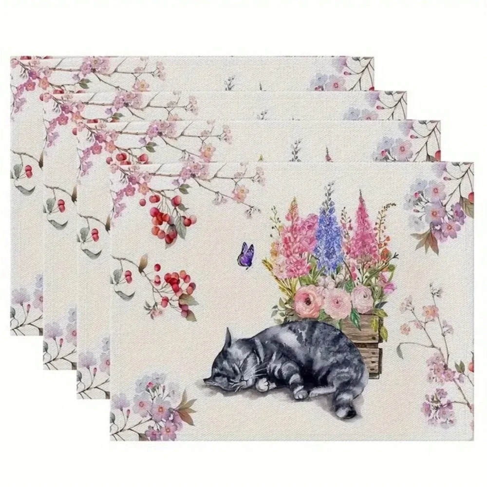 Floral Sleepy Tigger Cat Linen Placemats, Set of 4 - Picture 1 of 4